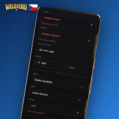 Wildsino registrace přes telefon a ověření mobilního čísla pomocí SMS kódu